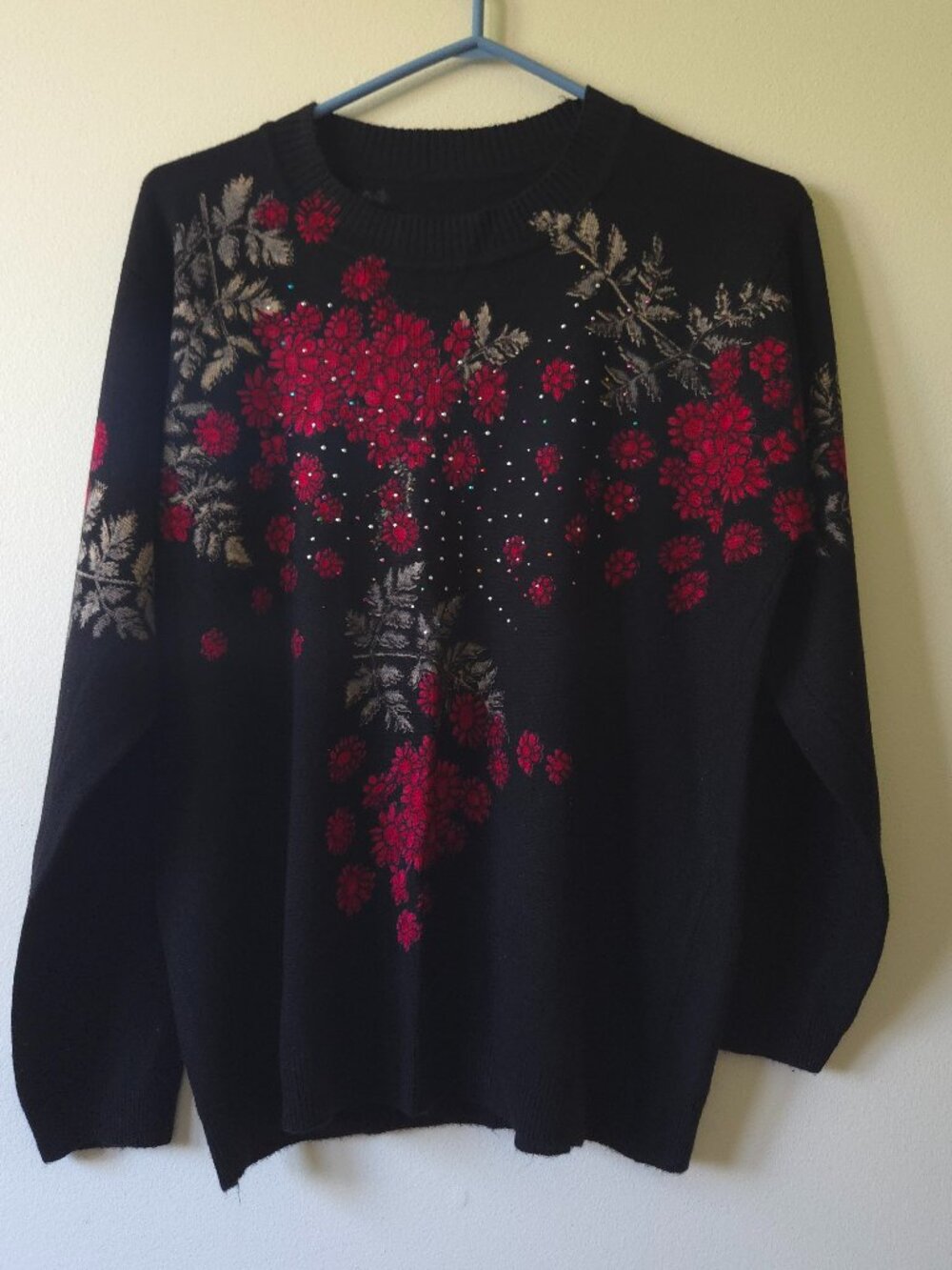 Vintage Y2K Floral Rhinestone Wool Blend Sweater Black Pink Grey Medium M